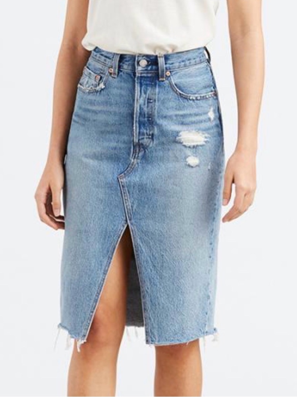 Levi's Premium Vintage Style Distressed Denim Midi Skirt Front Slit Size 30